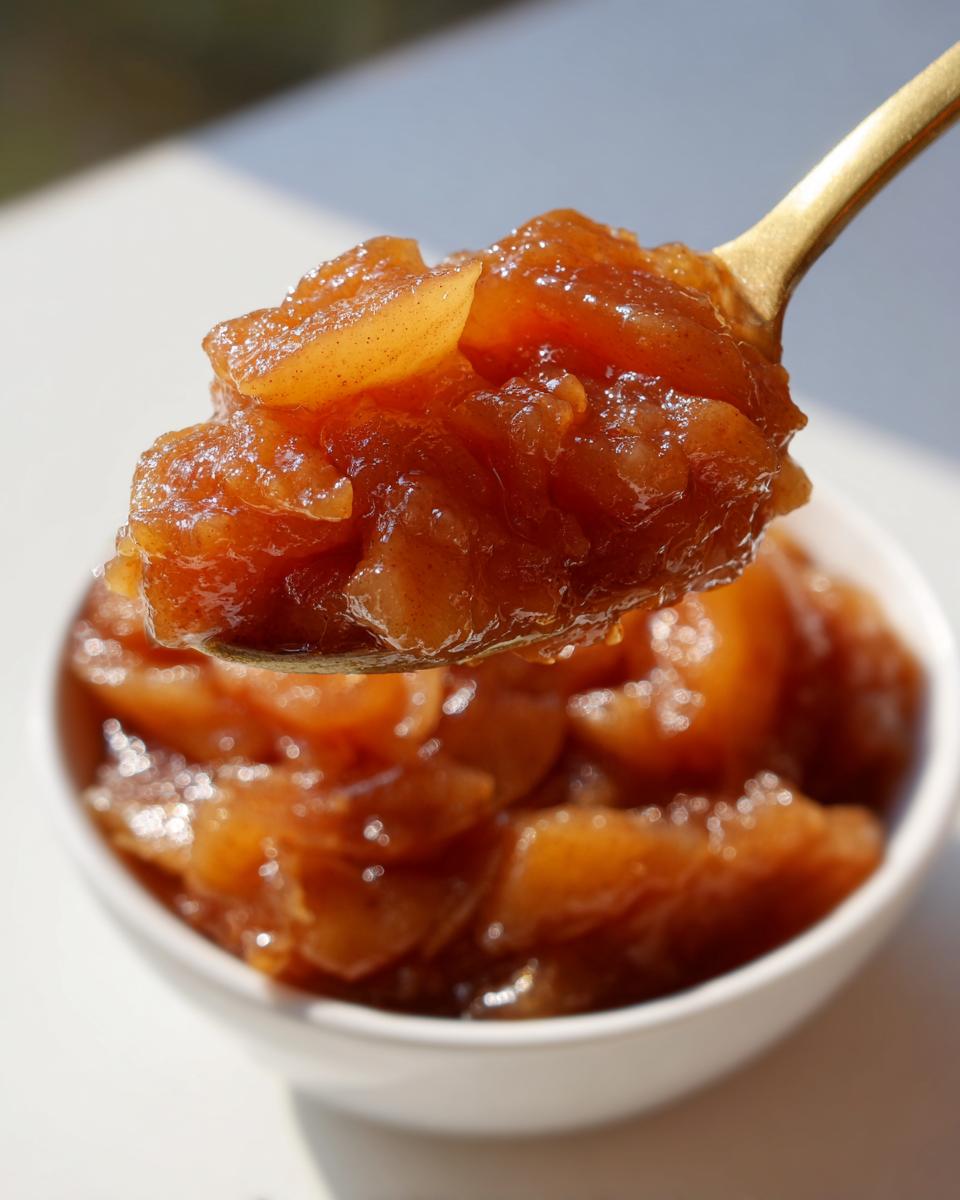 A golden spoon lifting a generous scoop of thick, spiced apple pie filling from a white bowl.