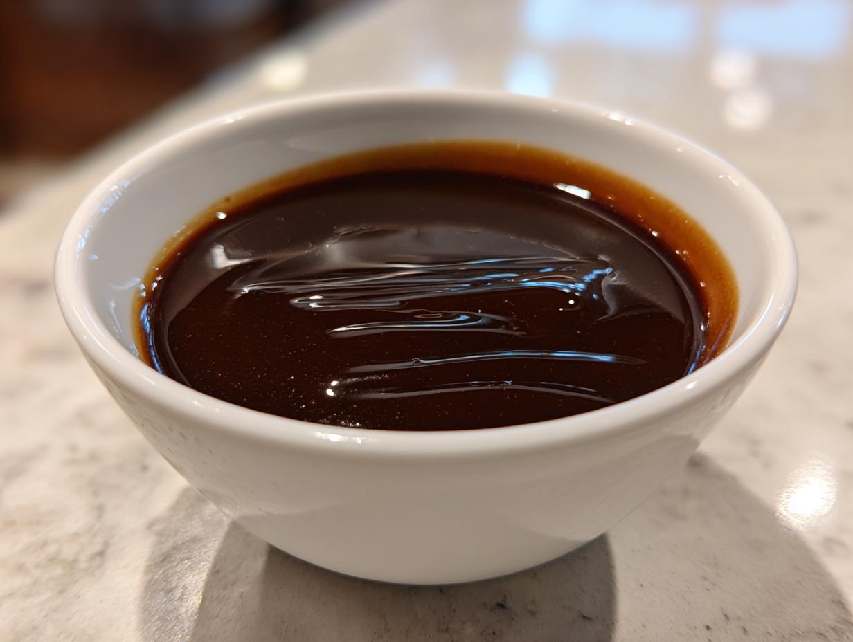 Close-up of rich, dark homemade brown gravy served in a small white bowl on a light countertop.