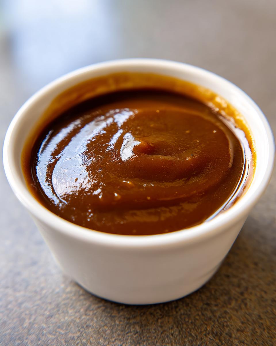 Close-up of thick, rich homemade brown gravy served in a small white dipping cup.