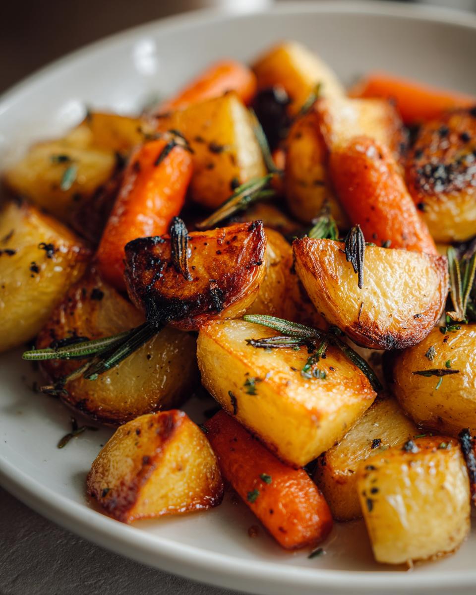 Close-up of golden brown roasted potatoes and carrots seasoned with fresh rosemary.