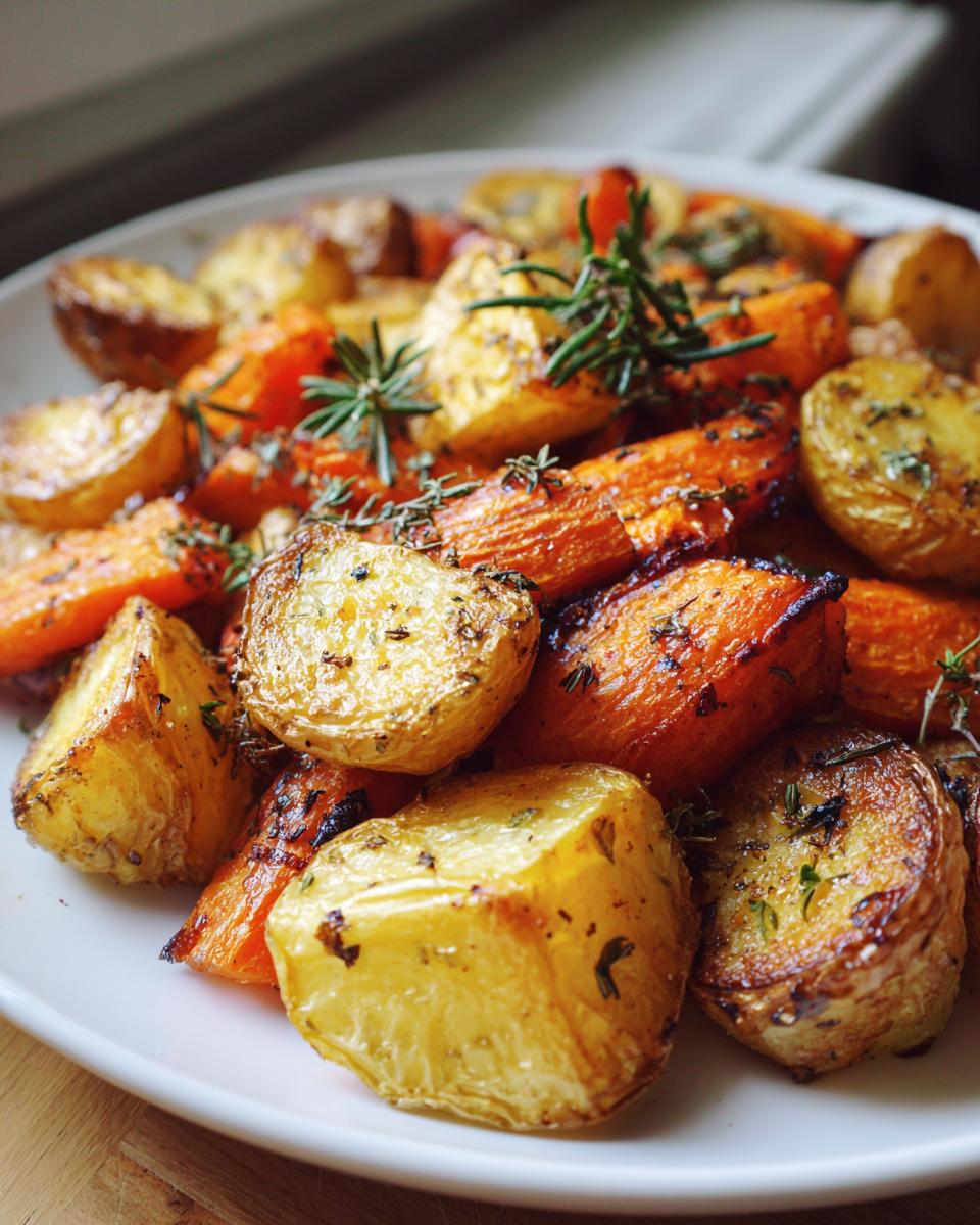 Close-up of golden brown roasted potatoes and carrots seasoned with rosemary and thyme.