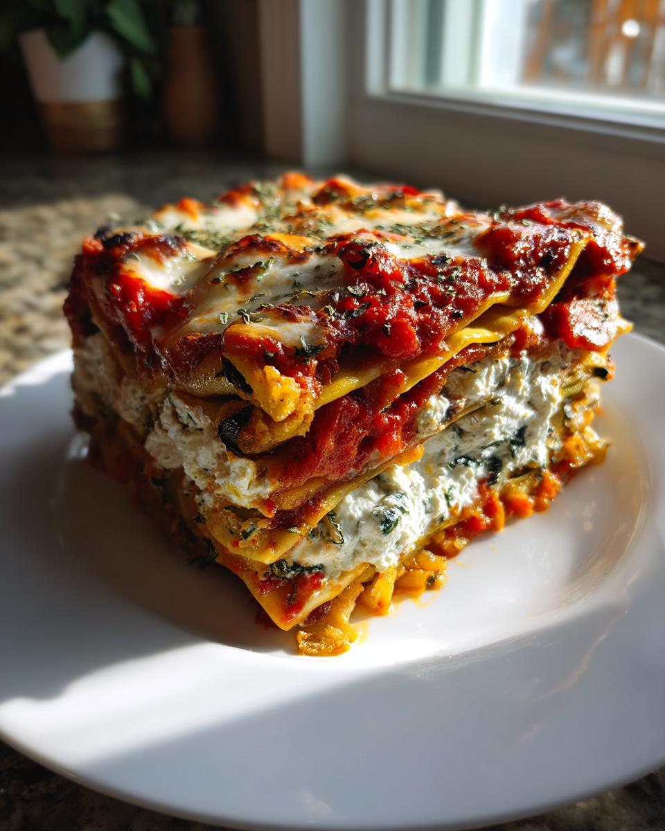 A tall, layered slice of roasted vegetable lasagna featuring ricotta, pasta, and rich tomato sauce, sitting on a white plate.