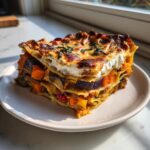 A thick slice of roasted vegetable lasagna showing layers of pasta, eggplant, and orange squash, topped with browned cheese.