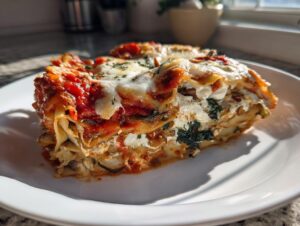 A generous slice of roasted vegetable lasagna showing layers of pasta, ricotta, spinach, and melted cheese topping.