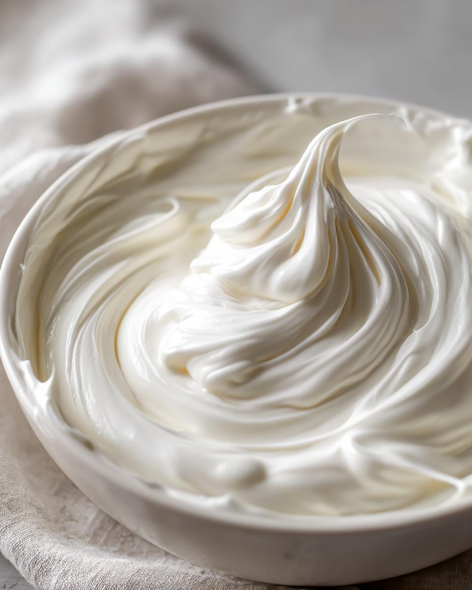 Close-up of thick, glossy white royal icing recipe mixture swirled in a white bowl.