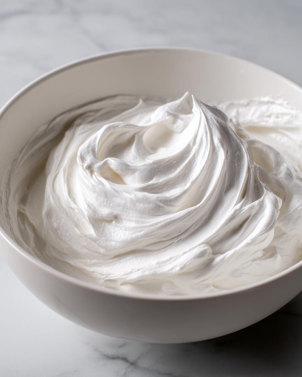 Close-up of thick, bright white royal icing recipe mixture swirled in a white bowl.