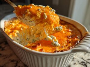 A spoonful of hot, cheesy Buffalo chicken dip being lifted from a white baking dish, showing melted cheese pull and blue cheese crumbles.