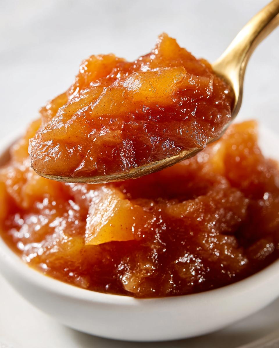 Close-up of a golden spoon lifting a generous scoop of chunky, spiced apple pie filling from a white bowl.