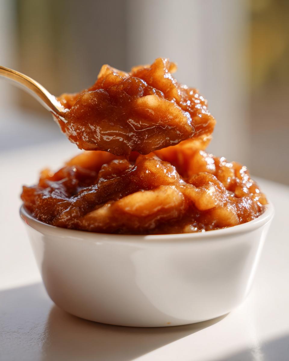 A spoonful of rich, spiced apple pie filling being lifted from a small white bowl.