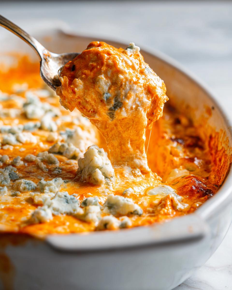 A spoonful of hot, cheesy Buffalo chicken dip being lifted from a white baking dish, showing melted orange sauce and blue cheese crumbles.