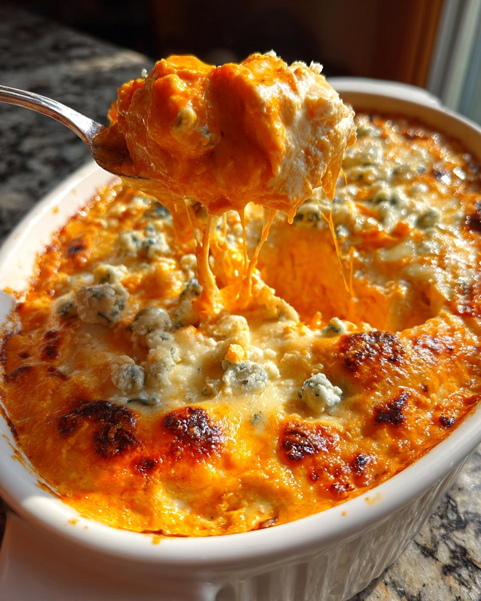 A spoonful of hot, gooey Buffalo chicken dip topped with blue cheese crumbles being lifted from a white baking dish.