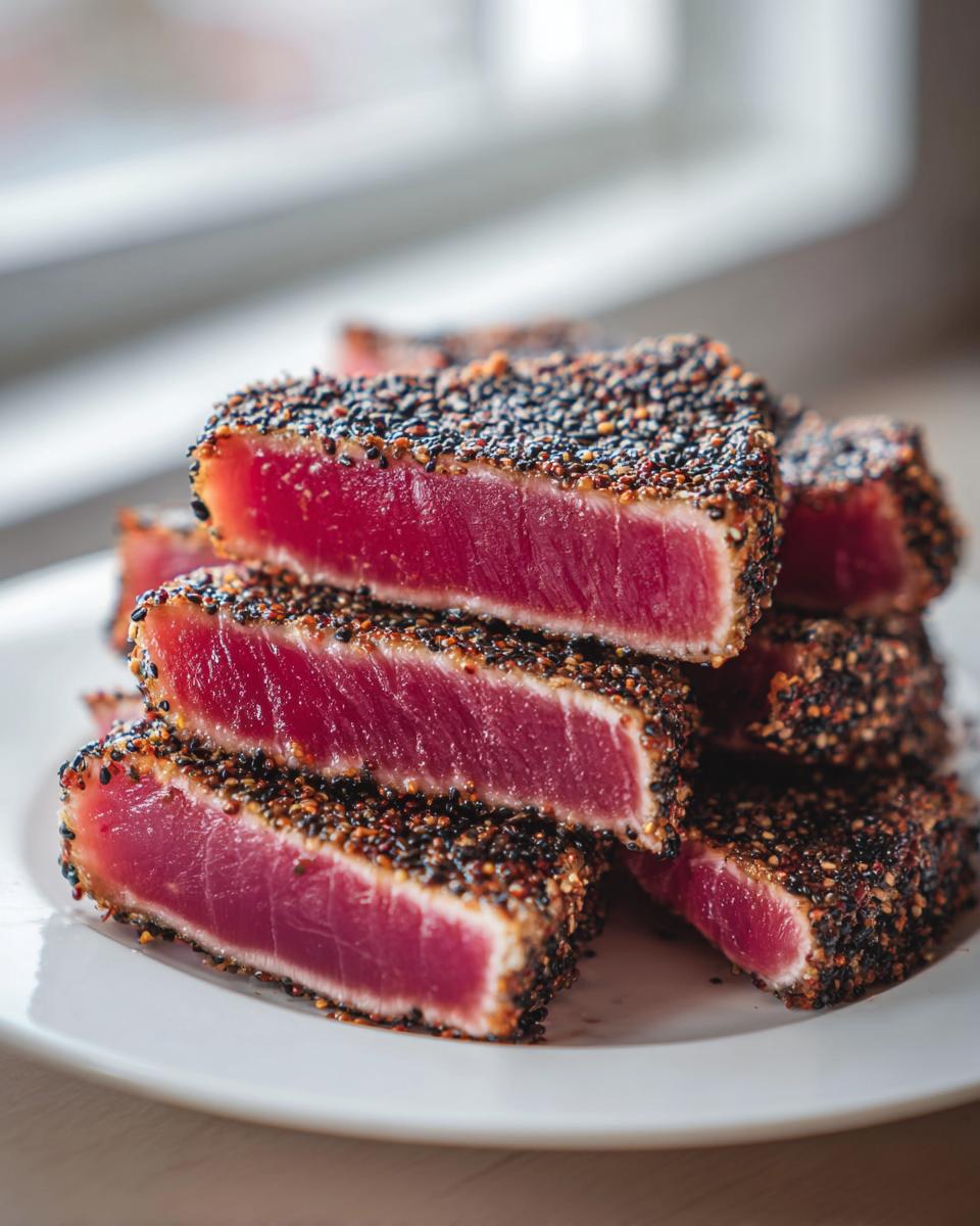 Close-up of perfectly seared ahi tuna slices, showing a bright red interior and a dark sesame seed crust.