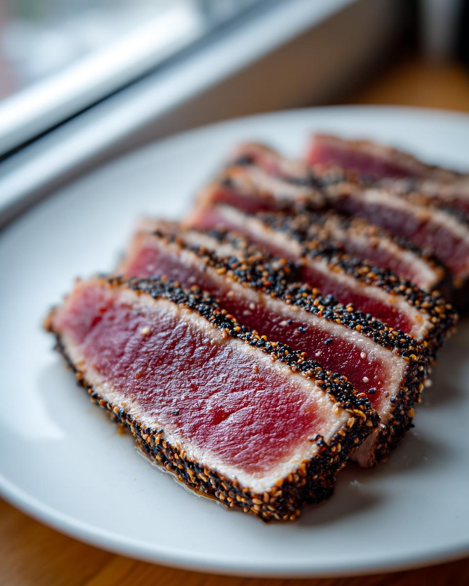 Close-up of perfectly seared ahi tuna slices, crusted with black sesame seeds, showing a rare red center.
