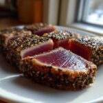 Slices of perfectly cooked Seared Ahi Tuna showing a deep red center and a thick, dark sesame seed crust.