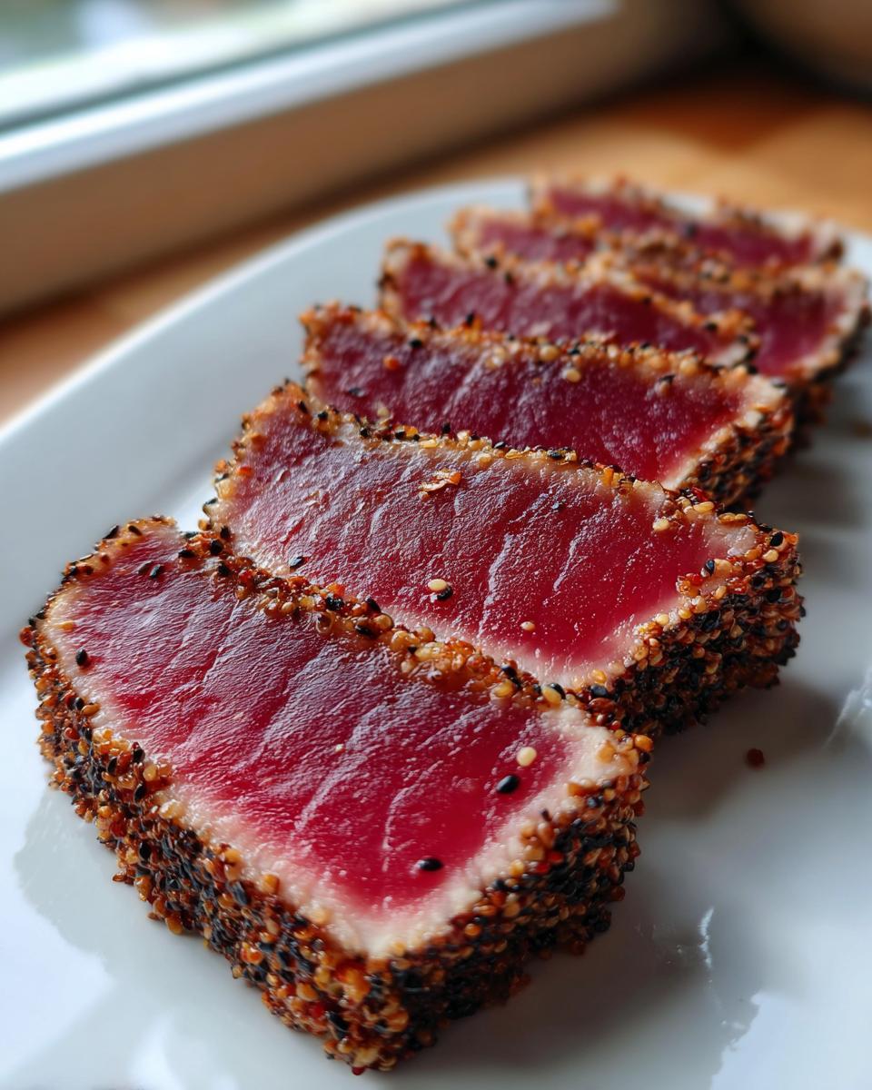 Five slices of perfectly cooked Seared Ahi Tuna, featuring a bright red center and a sesame seed crust, arranged on a white plate.