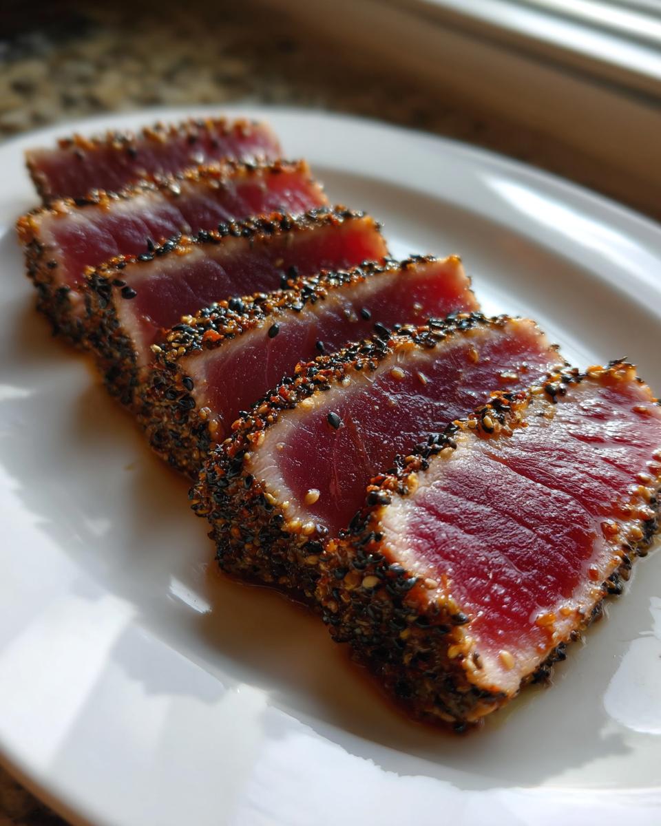 Four slices of perfectly seared ahi tuna, crusted with black and white sesame seeds, resting on a white plate.