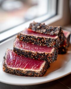 Four thick slices of perfectly seared ahi tuna, crusted with black and white sesame seeds, showing a rare, bright red center.