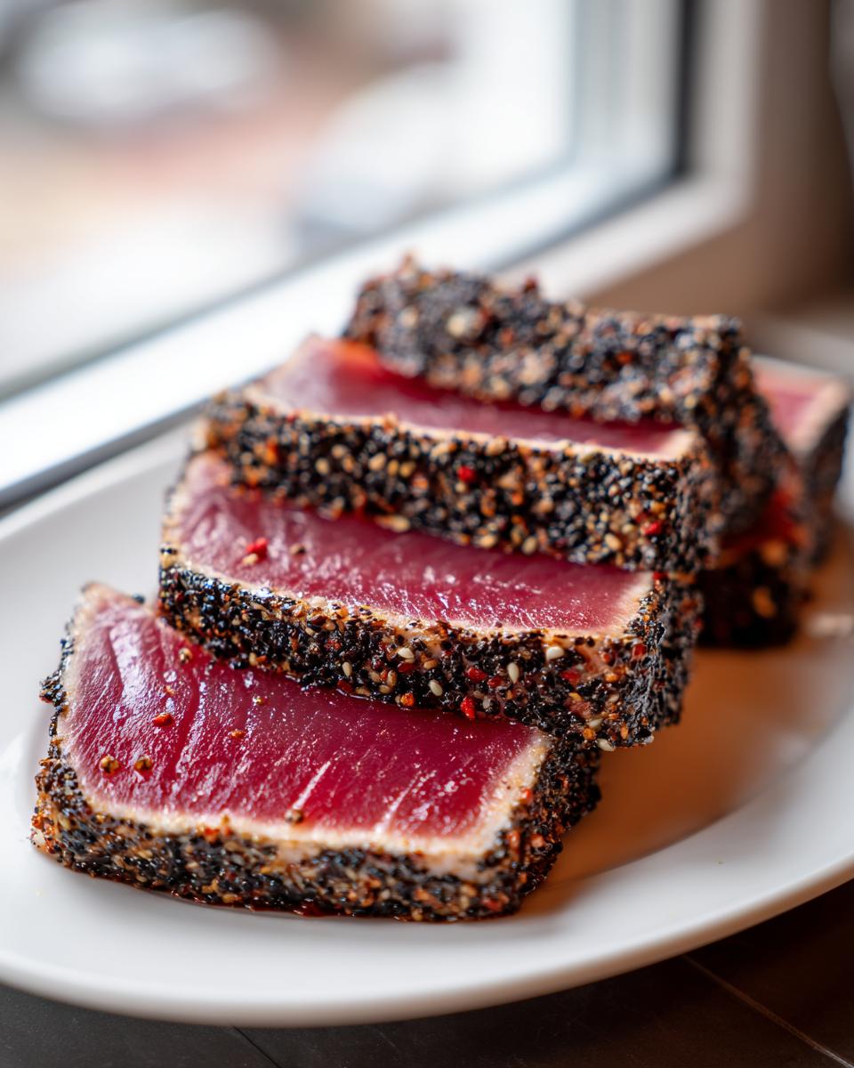 Four thick slices of perfectly seared ahi tuna, crusted with black and white sesame seeds, showing a rare, bright red center.