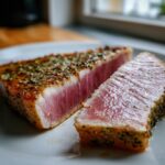 Two thick slices of seared tuna steak showing a rare, pink center and an herb crust, perfect for a MARINADE FOR TUNA STEAK.