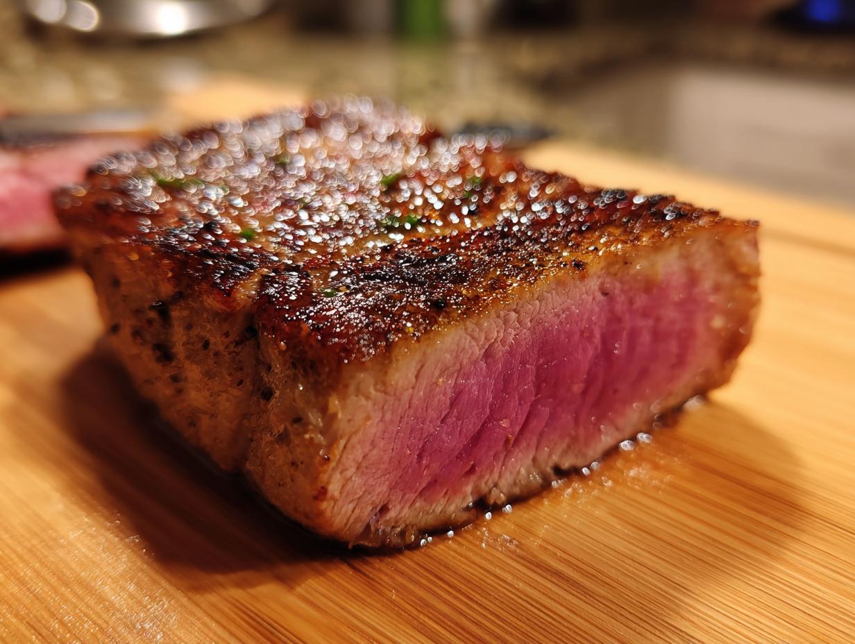 Close-up of a thick steak cooked medium-rare, showing a deep pink center and seared crust, relevant to MARINADE FOR TUNA STEAK.