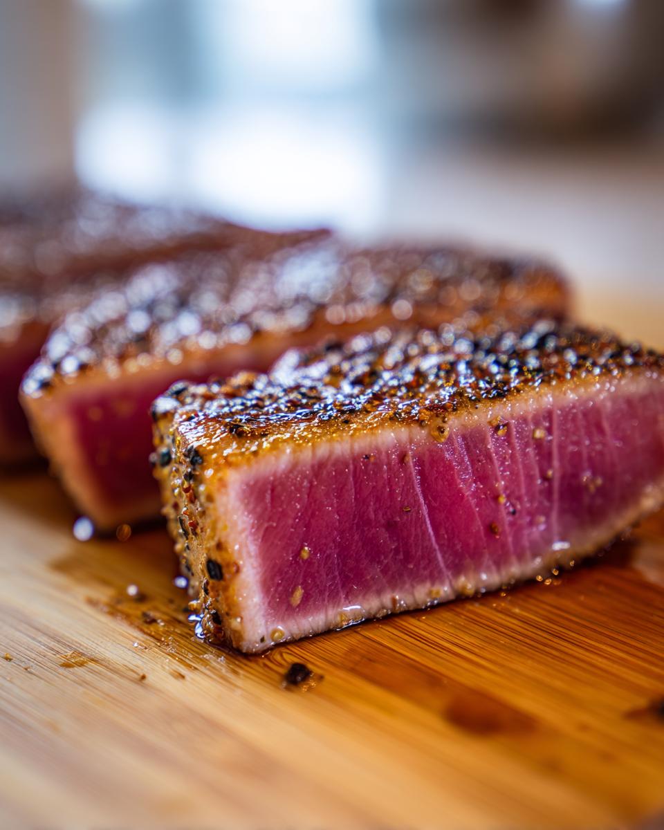Close-up of a perfectly seared tuna steak, sliced to show rare, pink center and pepper crust, ready to eat after using the MARINADE FOR TUNA STEAK.