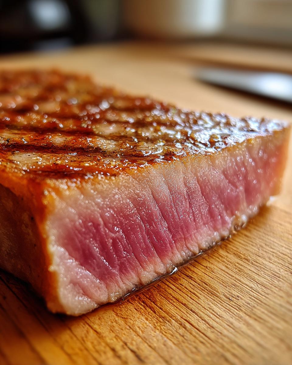 Close-up of a perfectly seared tuna steak showing a rare, pink interior after grilling, ideal for a MARINADE FOR TUNA STEAK.