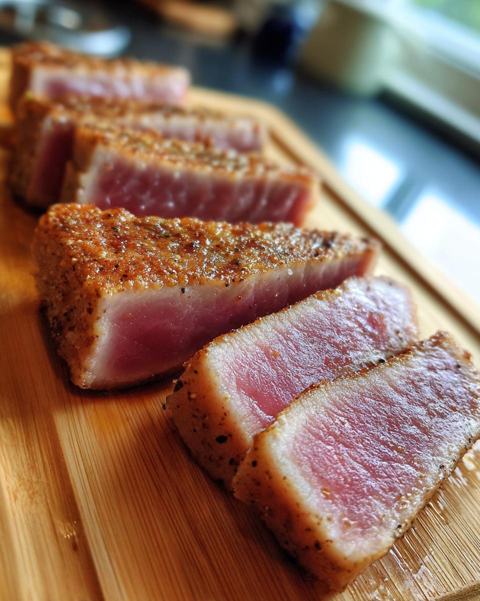 Close-up of perfectly seared and sliced tuna steak showing a rare, pink center, seasoned well after using the MARINADE FOR TUNA STEAK.