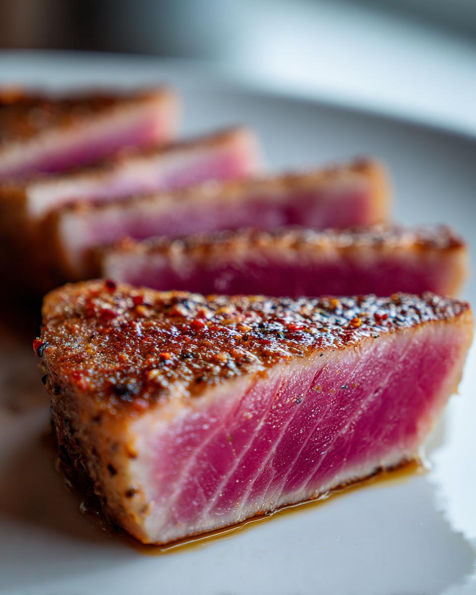Close-up of perfectly seared tuna steak slices, showing a bright pink rare center and a seasoned crust, ideal for MARINADE FOR TUNA STEAK.