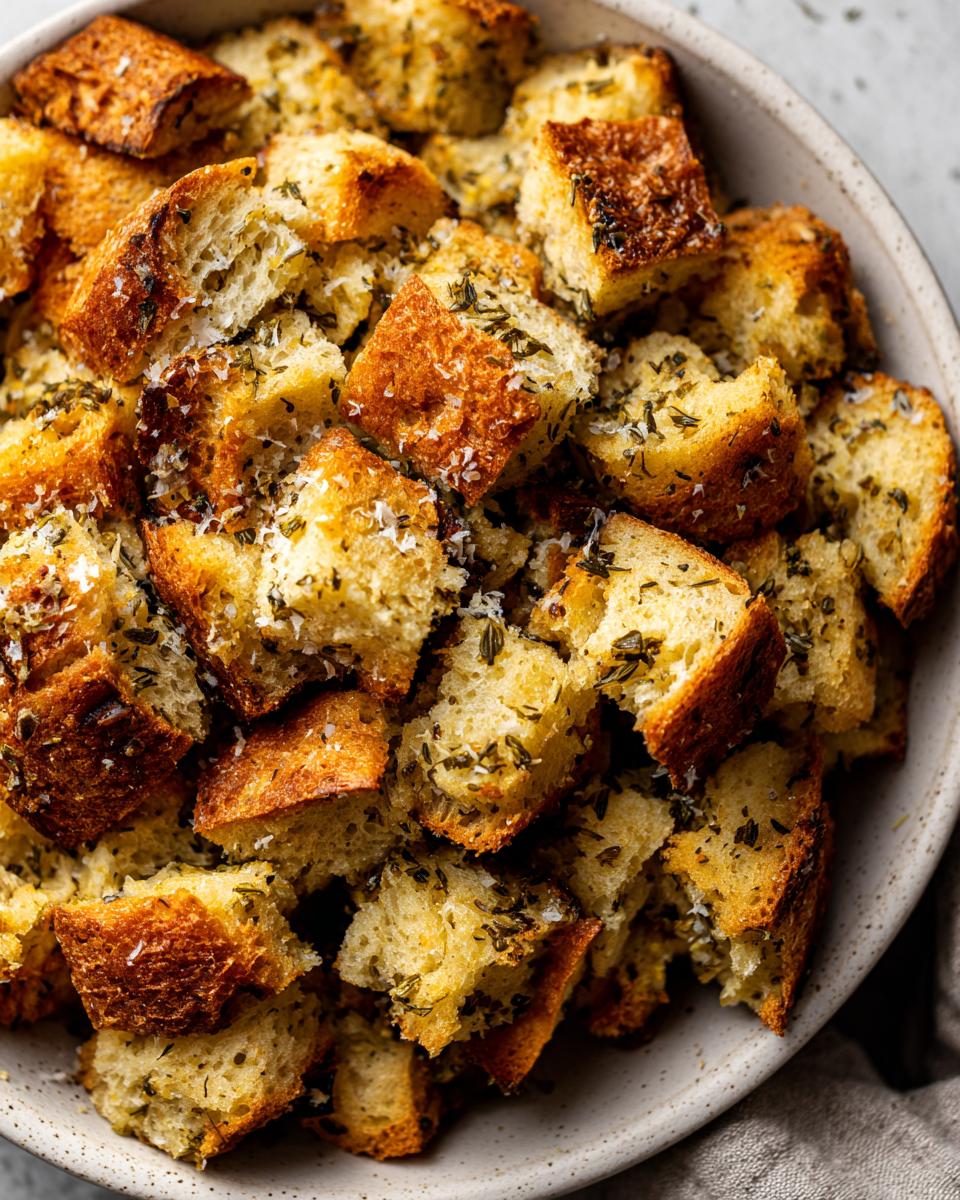Close-up of seasoned bread cubes, likely for crock pot stuffing, topped with herbs and grated cheese.