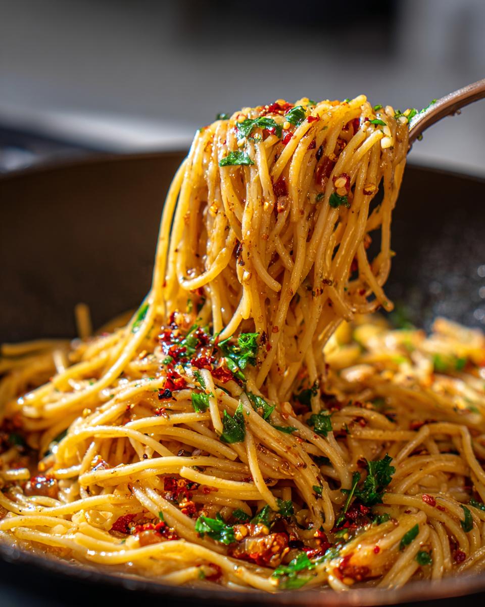 A fork lifts a generous portion of spaghetti from a pan, showcasing the rich sauce and visible caramelized onion bits in this caramelized onion pasta.