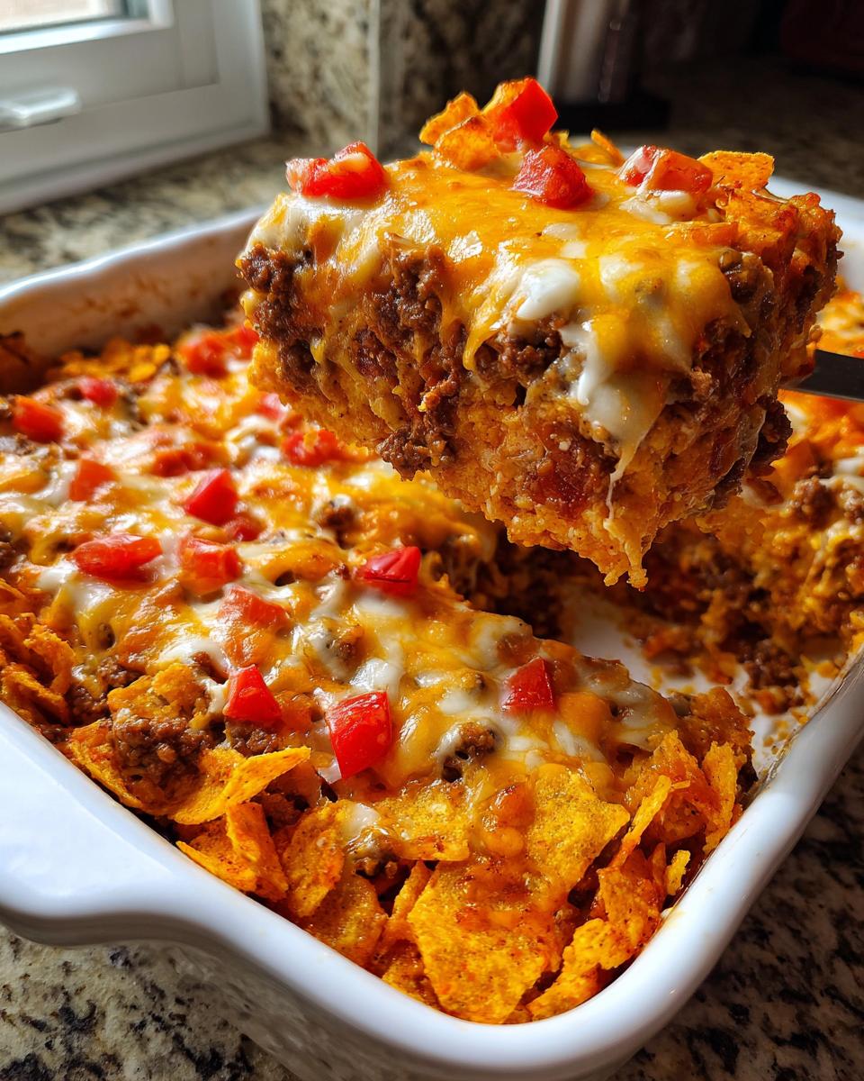 A serving spoon lifts a cheesy, meaty portion of Dorito Casserole topped with melted cheese and diced tomatoes.