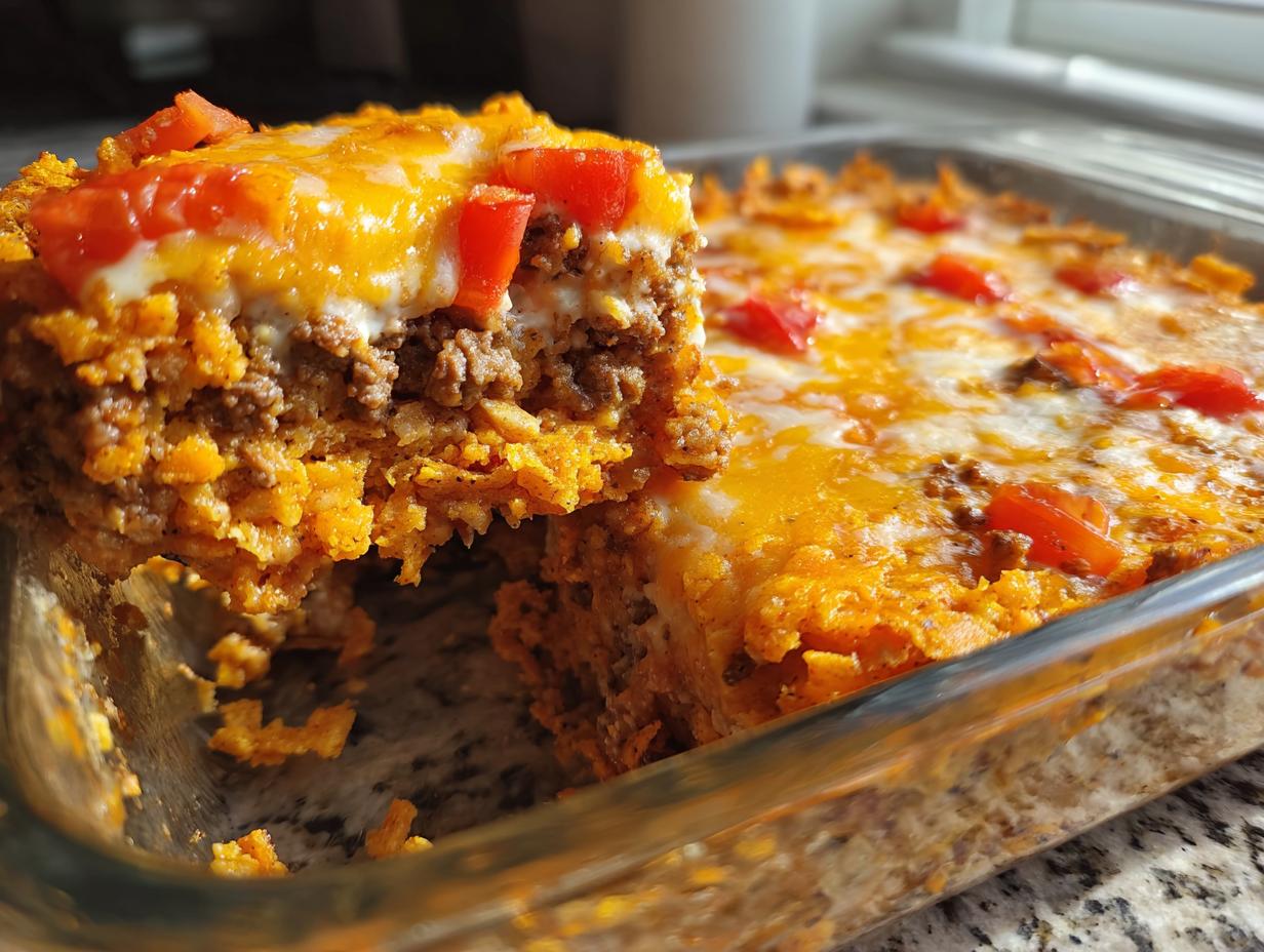 A close-up view of a serving being lifted from a glass baking dish of Dorito Casserole, showing layers of seasoned meat, cheese, and crushed chips.