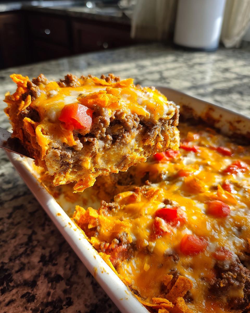 A spatula lifts a generous slice of cheesy Dorito Casserole topped with ground beef and diced tomatoes.