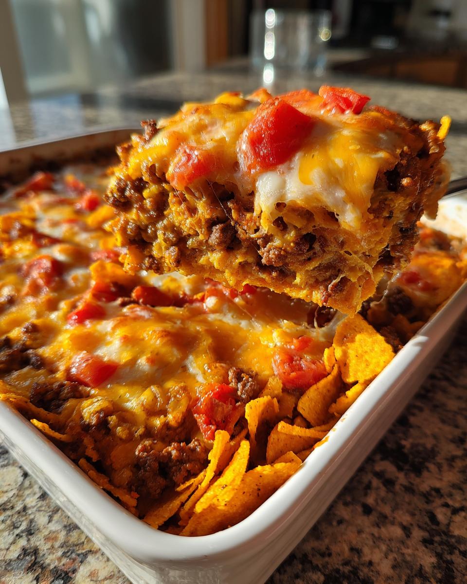 A serving spoon lifts a cheesy, meaty portion of Dorito Casserole from a white baking dish.