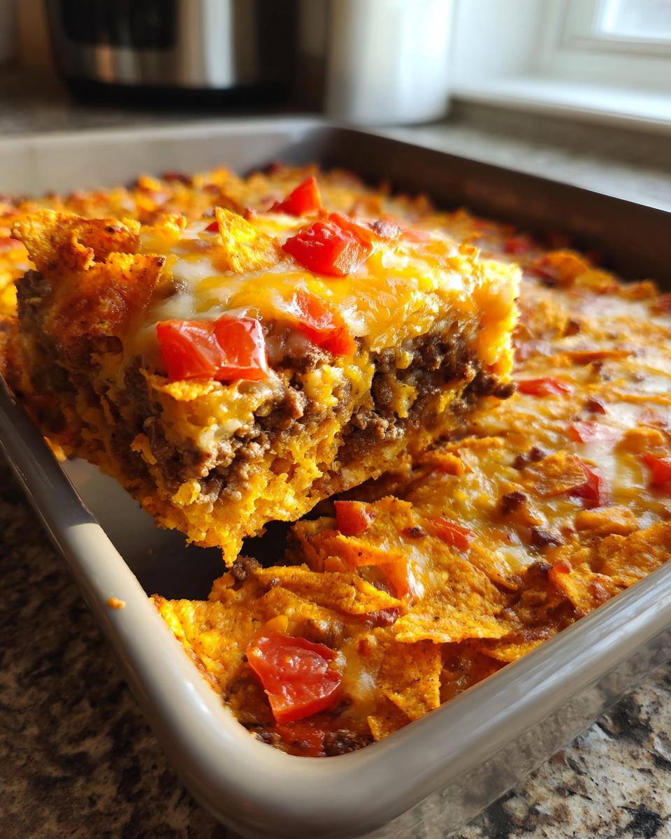 A square portion of Dorito Casserole being lifted from a baking dish, showing layers of ground meat, cheese, and crushed chips.