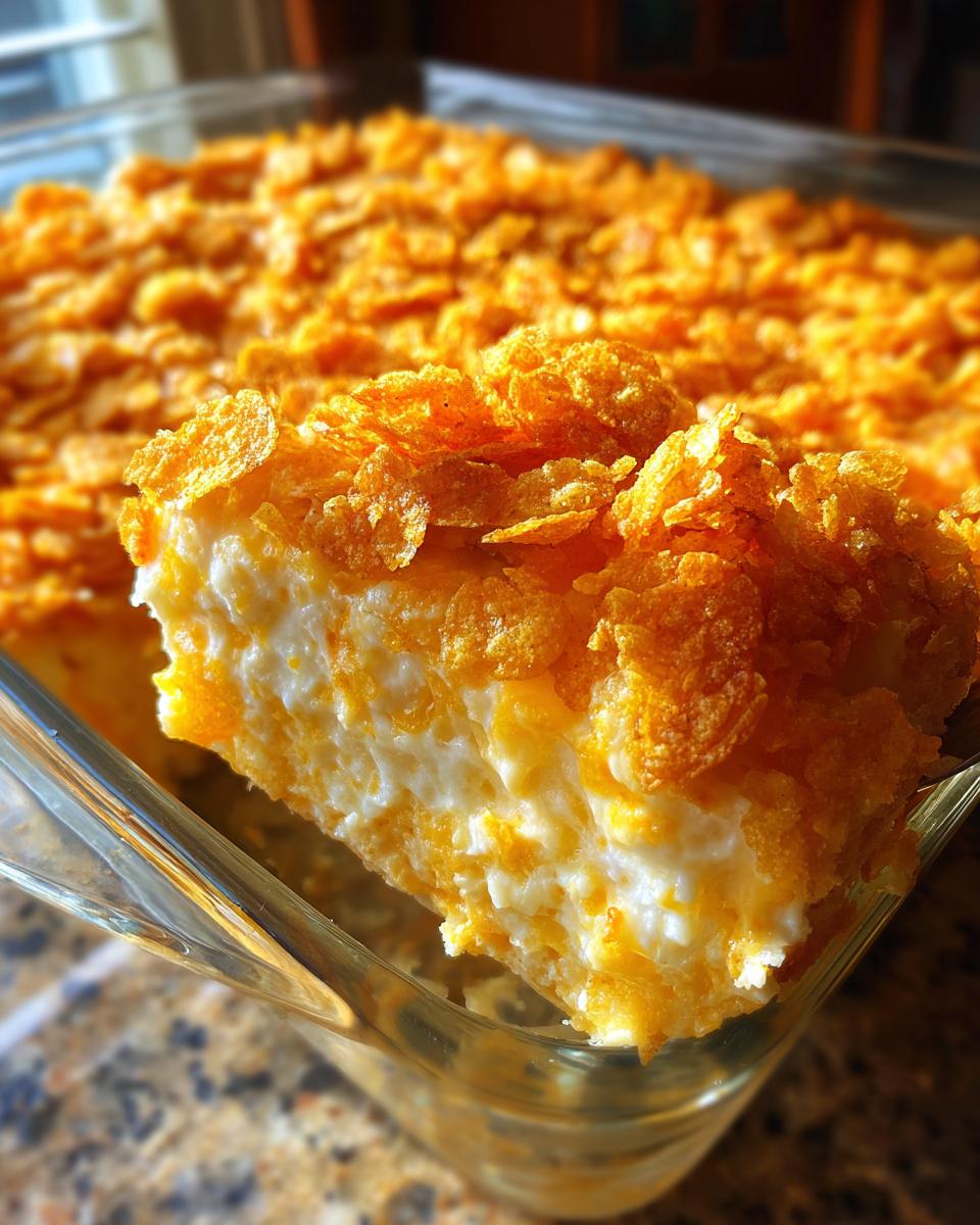 A creamy slice of hashbrown casserole being lifted from a glass baking dish, topped with crunchy cornflakes.
