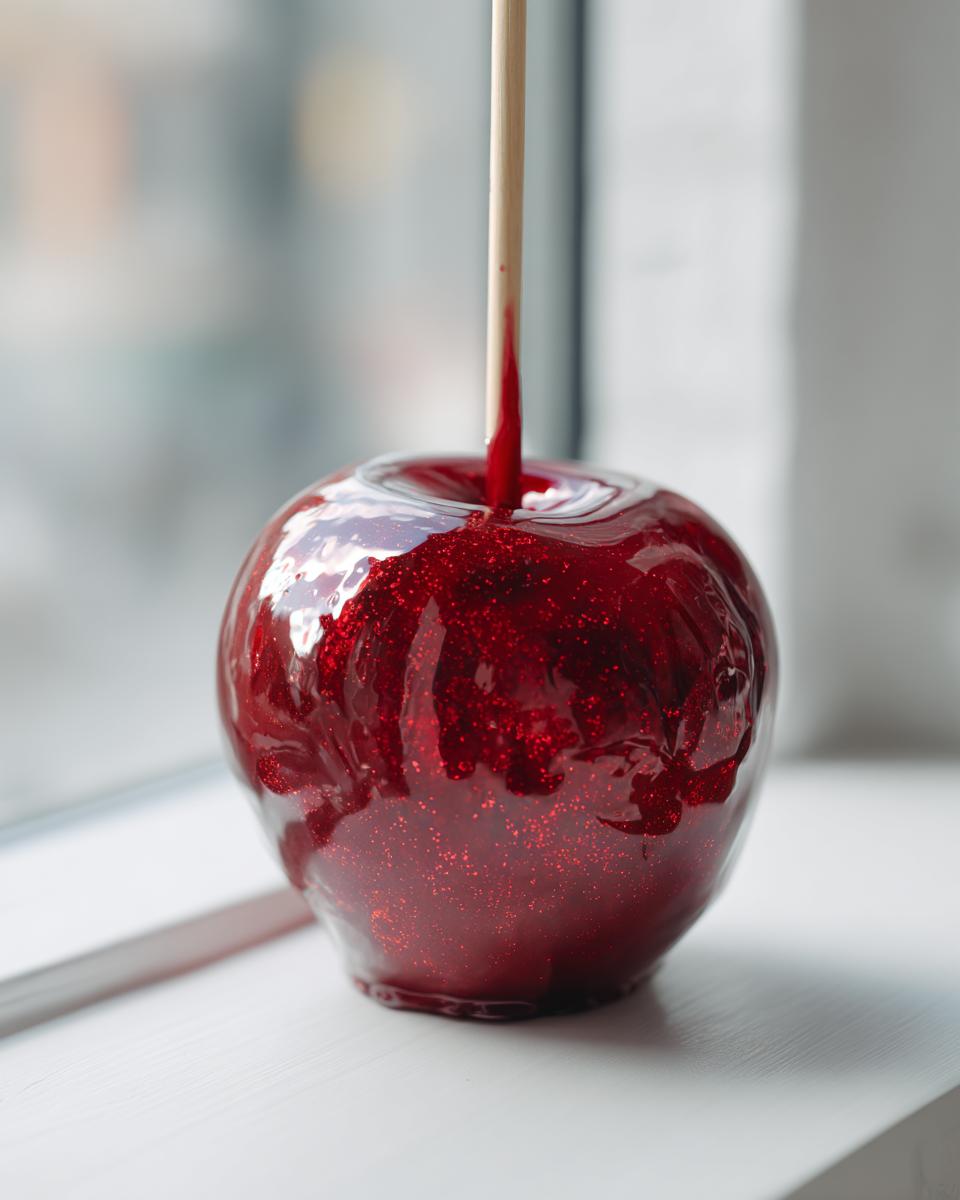 A close-up of a glossy, deep red candy apples coated in edible glitter, set on a white surface near a window.