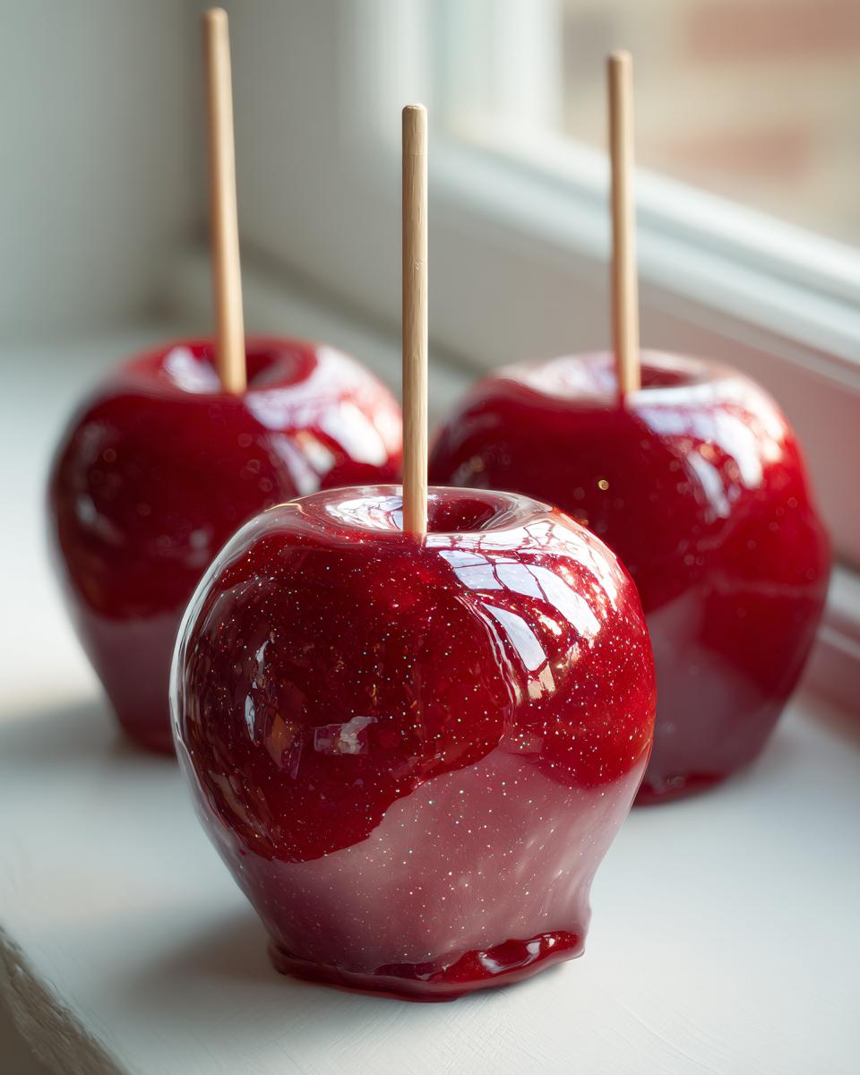 Close-up of three glossy, deep red candy apples resting on a white surface near a window.