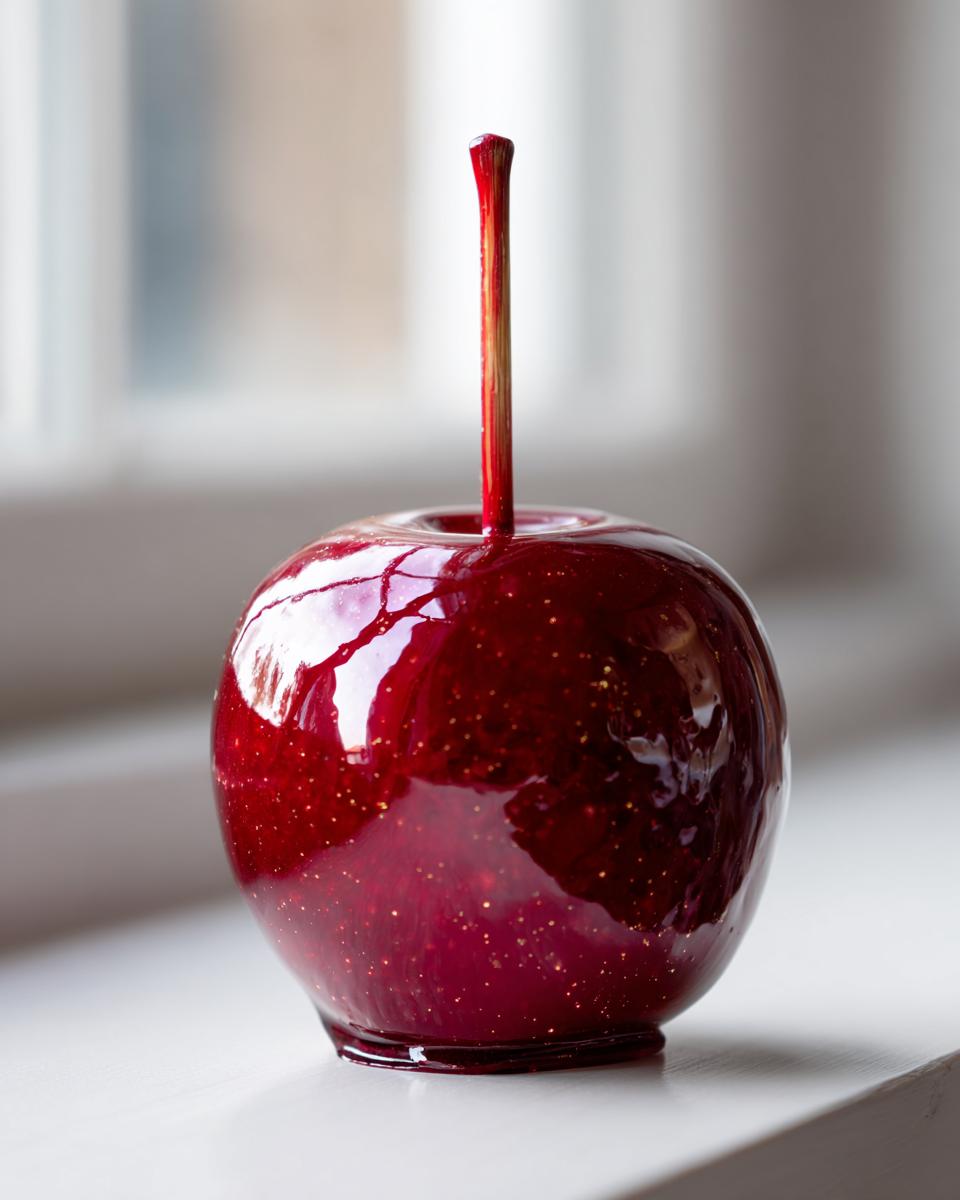 A close-up of a perfectly coated, deep red candy apple with edible gold glitter specks, resting on a white surface.