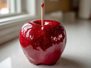 A single, perfectly coated, bright red glitter candy apple with a stick inserted, resting on a light countertop.