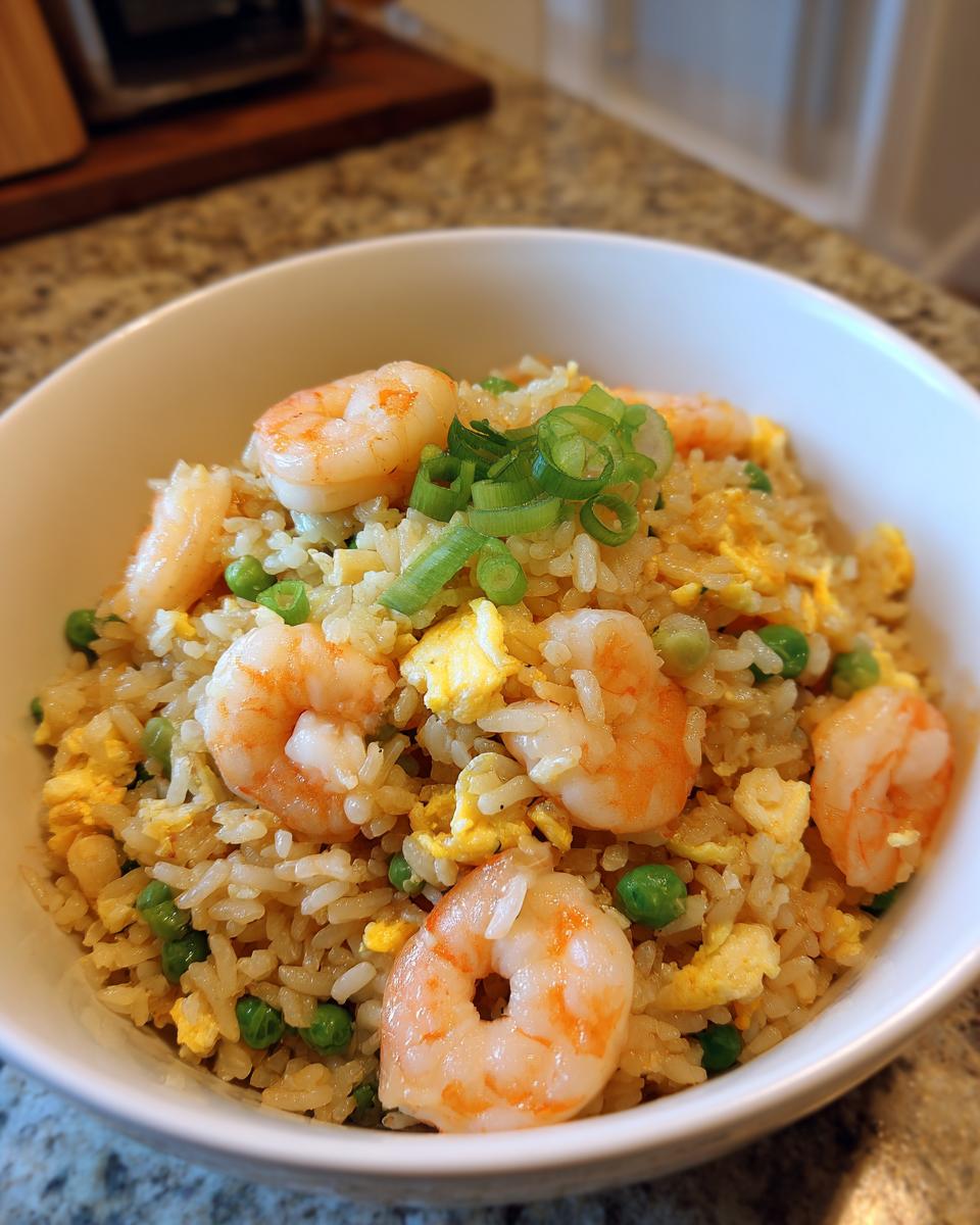 A close-up of a white bowl filled with flavorful shrimp fried rice, featuring plump shrimp, scrambled egg, and green peas, topped with scallions.