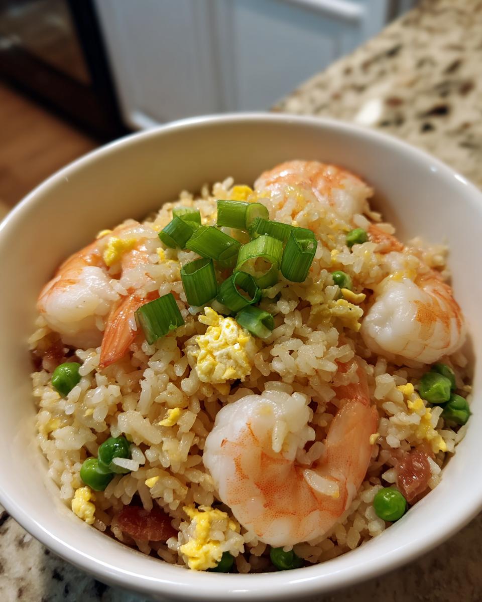 Close-up of a white bowl filled with delicious shrimp fried rice, featuring plump shrimp, peas, egg, and green onions.