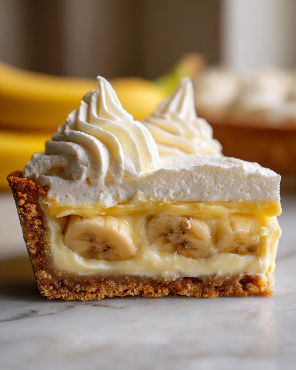 Close-up of a slice of banana cream pie showing graham cracker crust, sliced bananas, custard, and piped whipped cream topping.