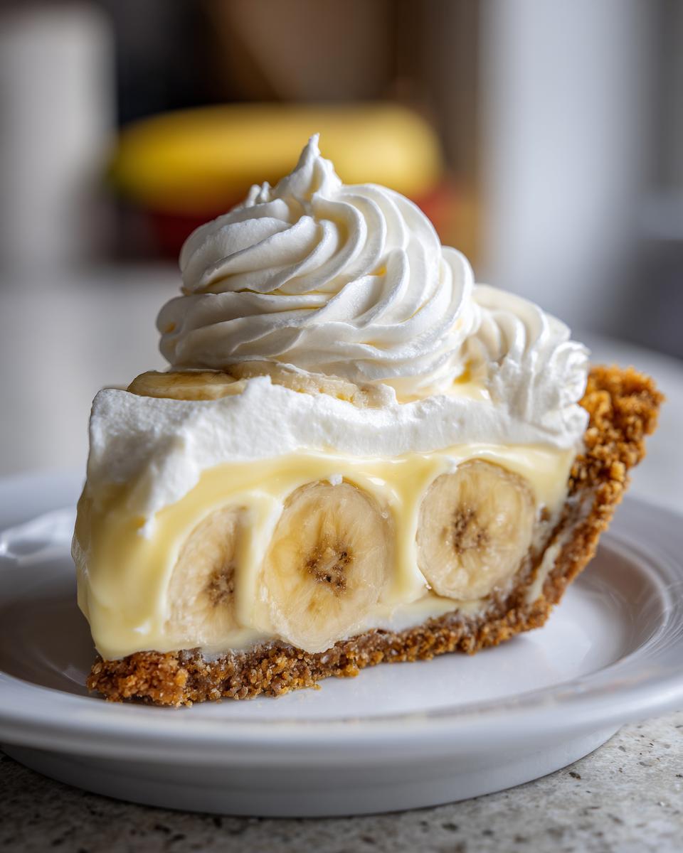 A perfect slice of banana cream pie featuring a graham cracker crust, sliced bananas, custard, and a tall swirl of whipped cream.