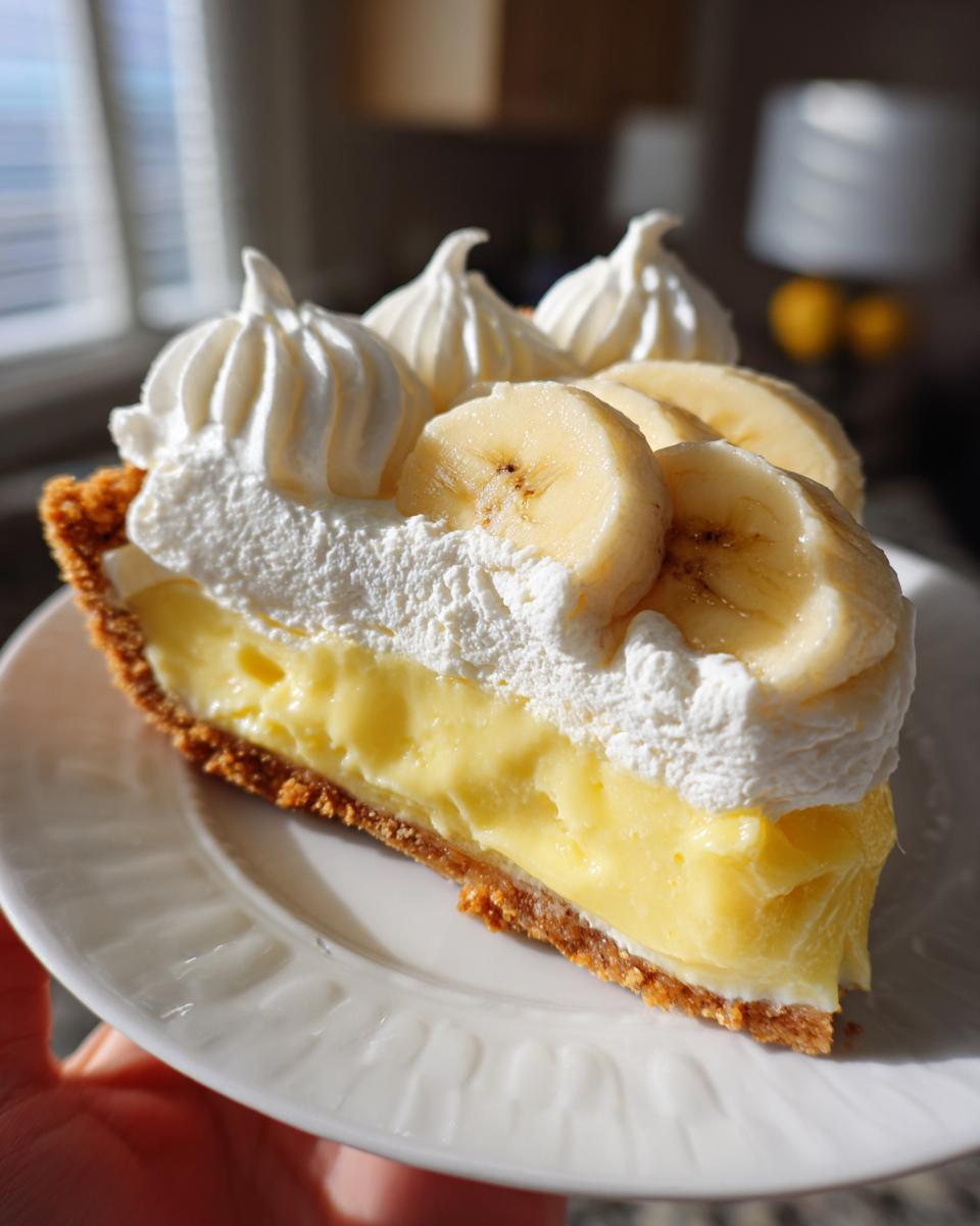 A perfect slice of banana cream pie showing a thick custard layer, graham cracker crust, and whipped topping with banana slices.