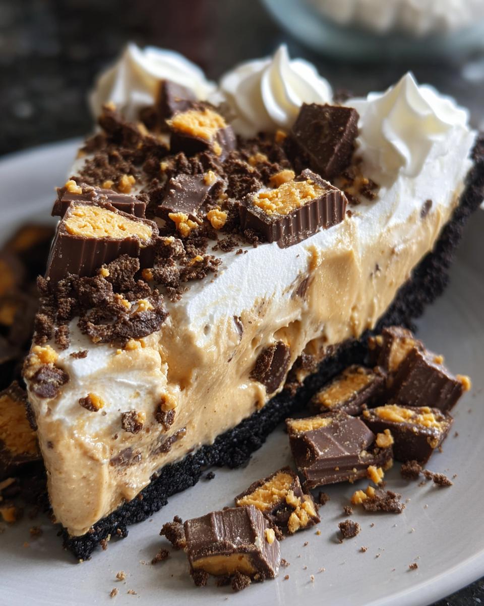 A decadent slice of butterfinger pie featuring a dark crust, peanut butter filling, whipped cream, and chopped Butterfinger candy pieces.