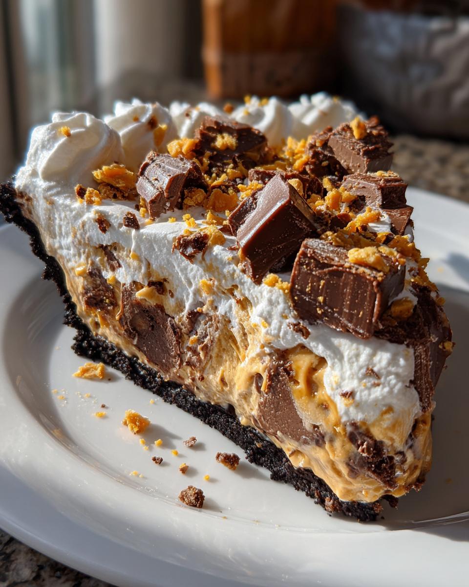 A decadent slice of butterfinger pie featuring a dark crust, peanut butter filling, whipped cream, and chunks of chocolate.