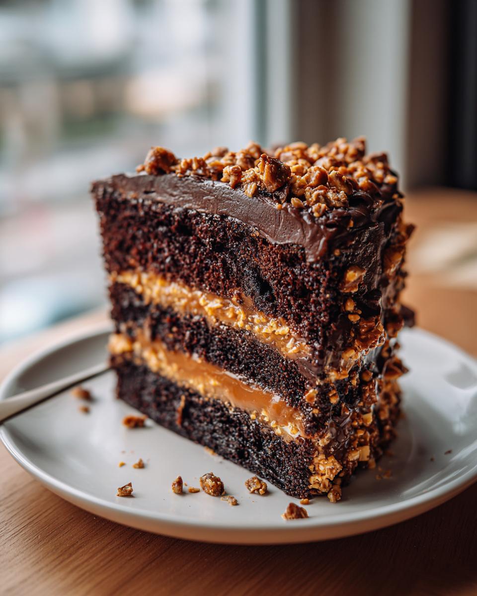 A decadent slice of chocolate caramel toffee crunch cake featuring dark layers, caramel filling, and crunchy topping.