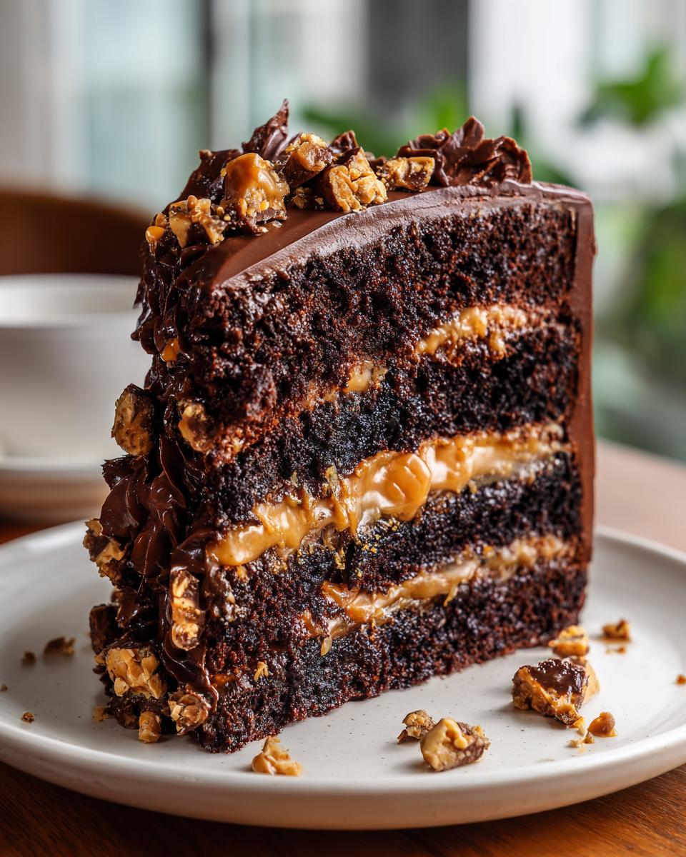 A decadent slice of chocolate caramel toffee crunch cake showing four dark chocolate layers separated by thick caramel filling.