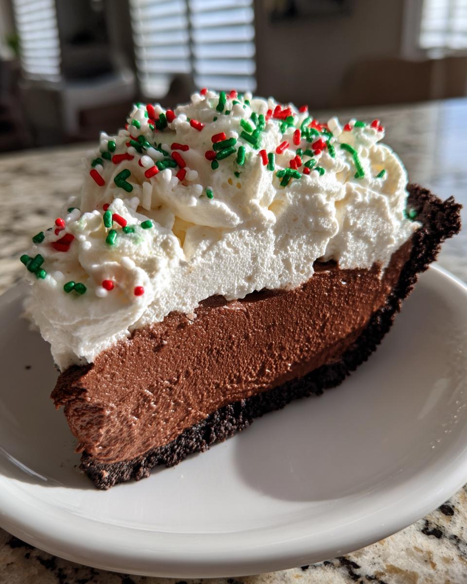 A rich slice of Christmas chocolate cream pie with a dark crust, chocolate filling, and whipped cream topped with red and green sprinkles.